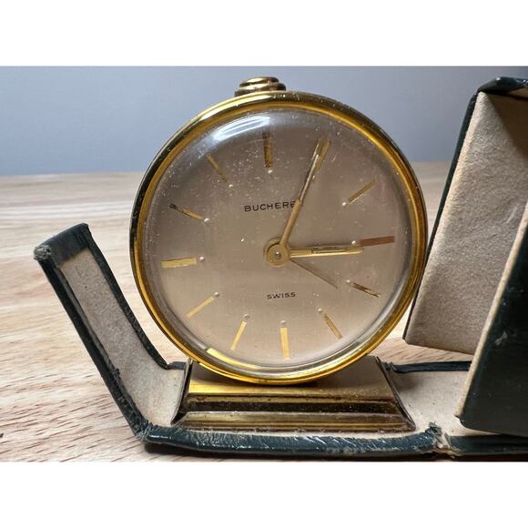 Vintage Bucherer Travel Alarm Clock in Green Leather Case by Swiss Untested JL - Picture 2 of 10